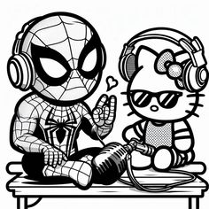 a black and white drawing of two cartoon characters sitting next to each other on a bench