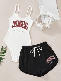 Black and White Sporty Collar Sleeveless  Letter  Embellished Slight Stretch  Women Co-ords Cami Bodysuit, Drawstring Waist Shorts, Shein Outfits, Trendy Outfits For Teens, Cute Bathing Suits, Tween Outfits, Cute Swimsuits, Really Cute Outfits