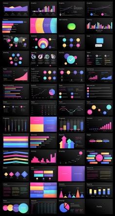 a bunch of different types of graphics on a black background, including graphs and numbers