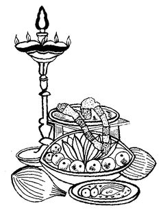 an ink drawing of food on a plate next to a lit candle and a lamp