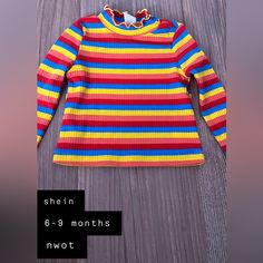 6-9 Month Shein Striped Longsleeve. Nwot Cute Multicolor Long Sleeve T-shirt, Multicolor Long Sleeve Top, Free Size, Retro Multicolor Long Sleeve T-shirt, Cotton Long Sleeve T-shirt With Striped Sleeves, Long Sleeve Cotton T-shirt With Horizontal Stripes, 9th Month, Shirts & Tops, Blue Yellow, Kids Shirts