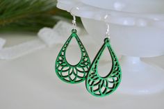 *Ready to Ship* Beautiful green laser cut earrings -Eye-catching -Light weight Fun addition to your jewelry collection! They also make a great gift! *ear wires are hypoallergenic nickel free <> Popular Earrings, Billings Mt, Laser Cut Earrings, Cut Earrings, Green Laser, Earrings Christmas, Green Wood, Earrings Green, Lightweight Earrings