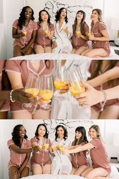 women in pink shirts toasting with oranges and wine glasses on a white bed