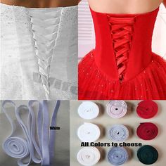 several different types of corsets are shown in this collage, including white and red