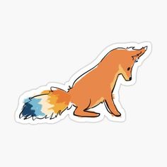 an orange and blue fox sticker sitting on top of a white surface with its tail curled