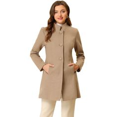 This long overcoat featuring a stand collar and single-breasted design adds a feminine and elegant feel to your winter look. The coat is spun from soft fabric and fully lined, which is comfortable for all-day wear with big slant pockets. A unique stand collar makes this regular outerwear more beautiful. It's a good choice for winter and cold fall. No matter what look you slip it over, this winter coat adds a layer of warmth and finishes the refined, warm, and effortless day-to-night look. Overcoat Outfit Women, Winter Overcoat, Long Overcoat, Long Winter Coats, Single Breasted Coat, Cold Weather Fashion, Plaid Coat, Long Winter, Woman Standing