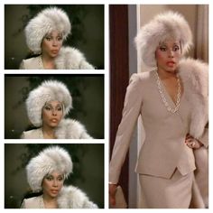 the woman is wearing a white fur hat and dress with pearls on her head,