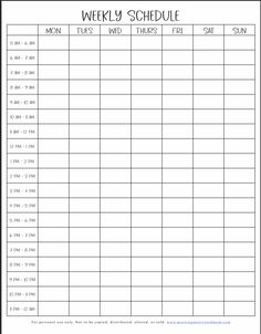 a printable weekly schedule for the week with times and hours to go on it