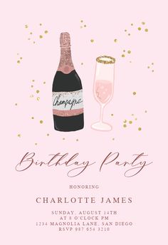 the champagne bottle and glass bridal shower card is shown with gold confetti