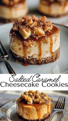 two pictures side by side one with cheesecake and the other with caramel toppings