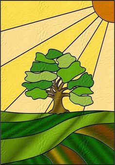 a stained glass window with a tree and sun in the background