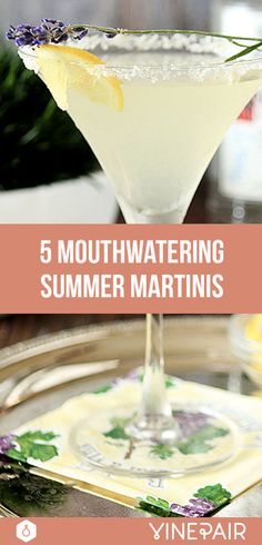 four different types of martinis with lavender garnish