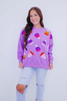 Candy Corn Sequin Embellished Sweatshirt 3 Colors Embellished Sweatshirts, Family Get Together, Trick Or Treating, Colorful Candy, Jersey Knit Fabric, Candy Corn, Purple And Black, Orange Black, Exclusive Designs