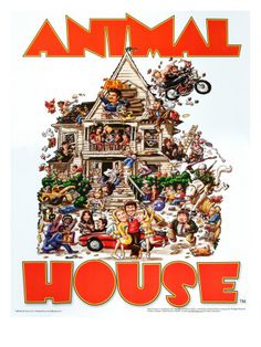 an animal house movie poster with people on the front and back sides, all surrounded by animals