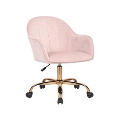 an office chair with wheels and a pink velvet upholstered on the back, against a white background