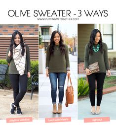 Olive Sweater Outfit, Olive Green Sweater Outfit, Comfy Outfits With Leggings, Green Sweater Outfit, Winter Maternity Outfits, Summer Teacher Outfits, Olive Sweater, Olive Green Sweater, Daily Outfit Inspiration