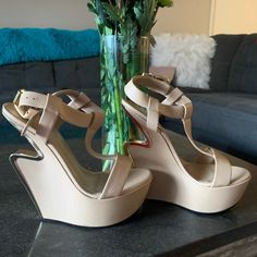 Tan, Size 39. New, Never Worn Modern Beige Heels For Formal Occasion, Luxury Cream Platform Heels, Modern Beige Heels For Party, Luxury Beige Heels For Office, Beige Luxury Heels For Professional Wear, Luxury Beige Platform Heels, Luxury Wedge Heels For Office, Designer Wedge Heel For Formal Occasions, Luxury Office Wedge Heels