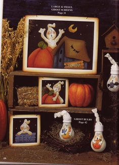 a book with pictures of pumpkins and scarecrows on the shelves in front of it