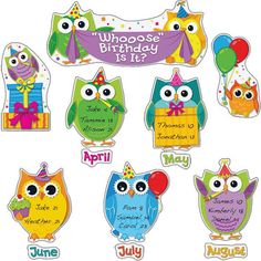 an assortment of birthday magnets with owls on them