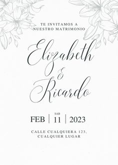 an elegant wedding card with flowers on the front and back, in black ink that reads el