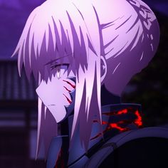 an anime character with white hair and red eyes looking to the side in front of a purple background