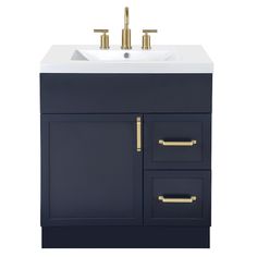 a bathroom vanity with two sinks and gold faucets on the top, against a white background