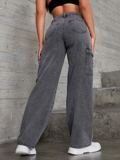 Discover the versatility and fashion-forward appeal of these wide High Rise Flap Pocket Wide Length Jeans. Featuring a wide-leg design and cargo pants style. The high waistline enhances your silhouette, while the zipper fly and button details provide a polished touch. Features: Pattern Type: Plain Type: Wide-Leg Jeans Style: Cargo Pants Closure Type: Zipper Fly Details: Button, Pocket, Zipper Waist Line: High Waist Length: Long Fit Type: Loose Fabric: Non-Stretch Material: Denim Care Instruction Trendy Gray Wide Leg Cargo Jeans, Gray High Waist Wide Leg Pants With Pockets, Gray High Waist Cargo Jeans With Pockets, High Waist Gray Cargo Jeans With Pockets, Baggy High Rise Wide Leg Pants With Pockets, Wide Leg Gray Cargo Jeans For Spring, High Rise Baggy Wide Leg Pants With Pockets, Trendy Wide-leg Cargo Jeans With Multiple Pockets, Spring Gray Wide Leg Cargo Jeans