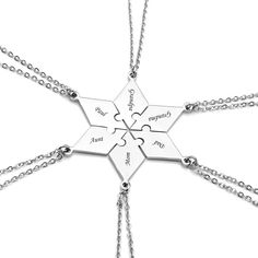 PRICES MAY VARY. 6 pieces Hexagram matching pendant necklaces Each piece can engrave 15 characters most Share a piece of the puzzle, the best gift for each of your closest persons High quality Stainless Steel material, Durable, Fadeless and Polished For Friends, BFF, families, club members, team or other groups 

Made of High Quality Stainless Steel;Soft,Hypoallergenic, Lead-free, Nickel-free. 
Stainless steel has increasingly grown as a popular metal choice for jewelry; 
it is much thicker than Relationship Jewelry, Puzzle Piece Necklace, Bff Jewelry, Dainty Diamond Necklace, Friend Jewelry, Bff Necklaces, Sister Necklace, Best Friend Jewelry, Best Friend Necklaces