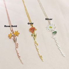 Beautiful. Thoughtful. Personalized. The Enamel Birth Flower Name Necklace is the perfect birthday, holiday, or 'just because I love you' gift. Color: Silver Plated/Thicker 18K Gold Plated/Thicker 18K Rose Gold Plated.Size: Depending on your name, Height sizes range from 5cm to 7cm. Necklaces are cast in 18K Gold, Rose Gold and Silver plated Material 18K Gold and Rose Gold plating Quality materials designed to never fade, rust, tarnish, corrode, or stain Designed to never fade, rust, tarnish, co Gold Name Necklace With Flower Shape, Gold Flower-shaped Name Necklace, Gold Flower Necklace With Name, Flower Pendant Necklace For Mother's Day, Customized Gold Flower Necklace, Mother's Day Flower Charm Necklace As Gift For Her, Adjustable Flower Pendant Necklace For Mom, Mother's Day Flower Pendant Necklace As Gift For Her, Rose Gold Flower Pendant Necklace With Birth Flower