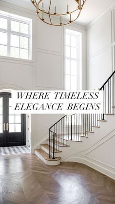 there is a staircase in the middle of this house with text overlay that reads, where't the less elegance begins?