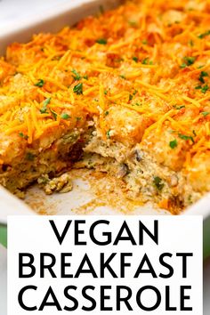 vegan breakfast casserole in a white dish with the words vegan breakfast casserole above it