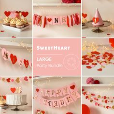 a collage of photos with pink and red decorations, cake, cupcakes and other items