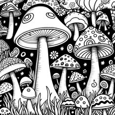 black and white drawing of mushrooms in the grass