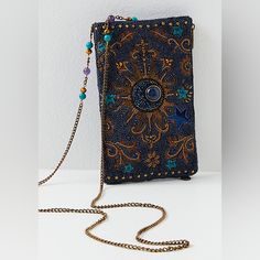 New Without Tags! Blue Embellished Bag For Everyday Use, Blue Bohemian Bag For Evening, Everyday Beaded Crossbody Bag, Blue Bohemian Evening Bag, Bohemian Beaded Crossbody Bag, Blue Rectangular Embellished Shoulder Bag, Bohemian Handheld Beaded Bag, Bohemian Beaded Crossbody Shoulder Bag, Spiritual Multicolor Nickel-free Beaded Necklace