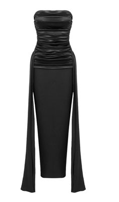 BANDEAU RUCHED MAXI DRESS IN BLACK Strapless Ruched Bodice Draped Dress For Party, Ruched Strapless Dress For Evening Party Season, Ruched Strapless Dress For Party Season, Elegant Strapless Ruched Dress For Dinner, Elegant Ruched Strapless Dress For Party Season, Ruched Draped Strapless Dress For Night Out, Stretch Strapless Ruched Dress For Prom, Stretch Ruched Strapless Dress For Prom, Evening Strapless Stretch Dress With Ruched Detail