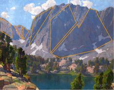 an oil painting of mountains and trees with yellow arrows pointing in the direction of each other