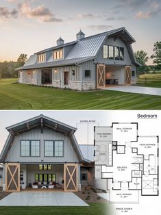 two story barn house with open floor plan and large windows on the front, side and back sides