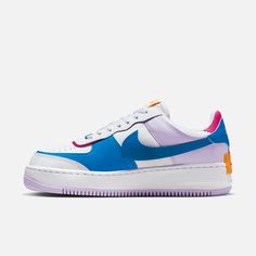 Style No. HF5064-100 Color: White/Photo Blue/Lilac Bloom/Alchemy Pink Everything you love about the AF1—but doubled! The Nike Air Force 1 Shadow puts a playful twist on a hoops icon to highlight the best of AF1 DNA. Layered overlays in brightly colored leather bring added depth while double the branding and an exaggerated midsole help give these sneakers a bold look. Nike Air Force 1 Shadow Women's Shoes. Pink Everything, Nike Air Force 1 Shadow, Air Force 1 Shadow, Jordan 11 Retro Low, Blue Lilac, Air Jordan 11 Retro, Jordan 11 Retro, Air Jordan 11, Air Force 1 Low