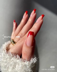 Red French Fade Nails, Red Ombre Square Nails, Red French Ombre Nails, Red French Tip Nails Coffin Medium, French Tip Red Acrylic Nails, Acrylic Nails With Red Tips, Red Nail Square, Red Acrylic Nails French Tip, Coffin Red Acrylic Nails