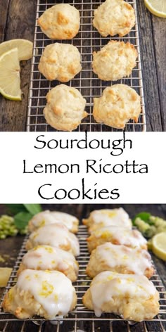 lemon ricotta cookies are cooling on a wire rack with lemons in the background