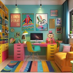 Insightful Images of Small Scale Industries: Work From Home Home Room Classroom, Office Ideas For Small Space For Work, Bold Color Office, Bright Colored Office Space, Bright Color Office Decor, Fun Home Office Decor, Neon Gallery Wall, Maximalist Craft Room, Home Office Maximalist