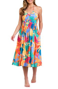 A vibrant tropical print elevates an airy dress featuring side-seam pockets perfect for seaside souvenirs. Ties at neck Halter neck Side-seam pockets 100% viscose Hand wash, line dry Imported Airy Dress, Toned Arms, Halter Midi Dress, Flowy Skirt, Tropical Garden, Casual Summer Dresses, Cover Up Dress, Organic Shapes, Tropical Print