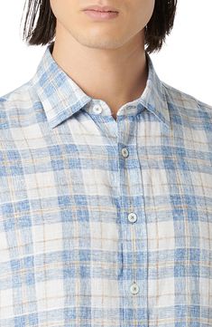 Breathable and crisp linen makes this short-sleeve button-up a sun-ready favorite for the warmer seasons. 30 1/2" length Front button closure Point collar Short sleeves 100% linen Machine wash, line dry Imported Linen Shirt With Buttons For Casual Gatherings, Spring Linen Shirt With Button Closure, Blue Linen Shirt With Placket, Casual Flax Shirt With Button Closure, Linen Button-up Shirt With Rolled Sleeves, Blue Linen Button-up Short Sleeve Shirt, Linen Short Sleeve Button-up Shirt For Spring, Spring Linen Button-up Short Sleeve Shirt, Flax Shirt With Buttons For Spring