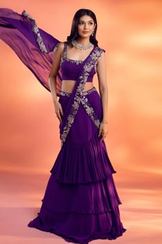 Shop for these amazing collections of Purple Georgette Terra Pre-draped Lehenga Saree With Blouse For Women by Kiyohra online at Aza Fashions. Drape Lehenga, Sari Lehenga, Gaun Fashion, Saree Designs Party Wear, Indian Dresses Traditional, Traditional Indian Outfits, Indian Gowns, Indian Bridal Outfits