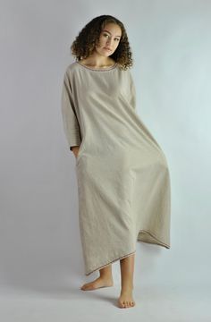 This is our no. 52 of Conscious Clothing Concept. This beautiful beige A-line loose fitting kaftan dress is made of pure quality linen. It is very comfortable to wear around the house or as the night dress. It works well as the summer beach dress protecting from the sun. It has got two pockets on the sides. Top and the bottom of the dress is machine embroided. It is the ultimate fabric for hot weather as it breathes and absorbs moisture better that any fabric on earth. Please write if you need d Beige Summer Kaftan For Loungewear, Flowy Beige Kaftan For The Beach, Summer Beachwear Beige Kaftan, Bohemian Beige Kaftan For Beach Cover-up, Beige Kaftan For Beach Cover-up, Beige Beach, Linen Kaftan, Conscious Clothing, Beach Kaftan