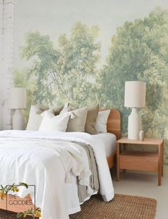 Serene Countryside Wall Mural, Forest Scene Wallpaper, Trees, Tree, Landscape Vintage, Panoramique, Beige, Scenic Painting 218 - Etsy Greece Wall Mural Forest, Wallpaper Trees, Scenic Painting, Office Vibes, Wallpaper For Bedroom, Scene Wallpaper, Landscape Vintage, Tree Landscape, Matte Fabric