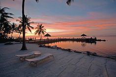 the sun is setting over the water and palm trees are in front of the beach