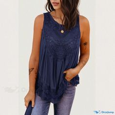 Orcajump - Sleeveless Lace Blouse: Loose Fit, Round Neck, Pullover Tank Top Casual Stretch Blouse With Vest, Sleeveless Beach Tank Top, Non-stretch Sleeveless Top For Vacation, Sleeveless Stretch Blouse For Beach, Stretch Sleeveless Beach Blouse, Stretch Sleeveless Blouse For The Beach, Non-stretch Sleeveless Blouse, Sleeveless Stretch Blouse For Vacation, Sleeveless Casual Tops