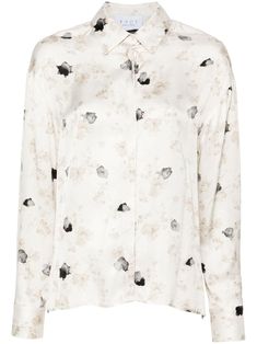 white satin finish all-over floral print concealed front button fastening classic collar long sleeves buttoned cuffs straight hem Yoko London, City Dress, Floral Print Shirt, Iconic Bags, Summer Beach Wear, White Satin, Lady Dior, Shirt White, Satin Finish