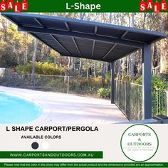 an advertisement for carportis outdoors in front of a pool with trees and bushes